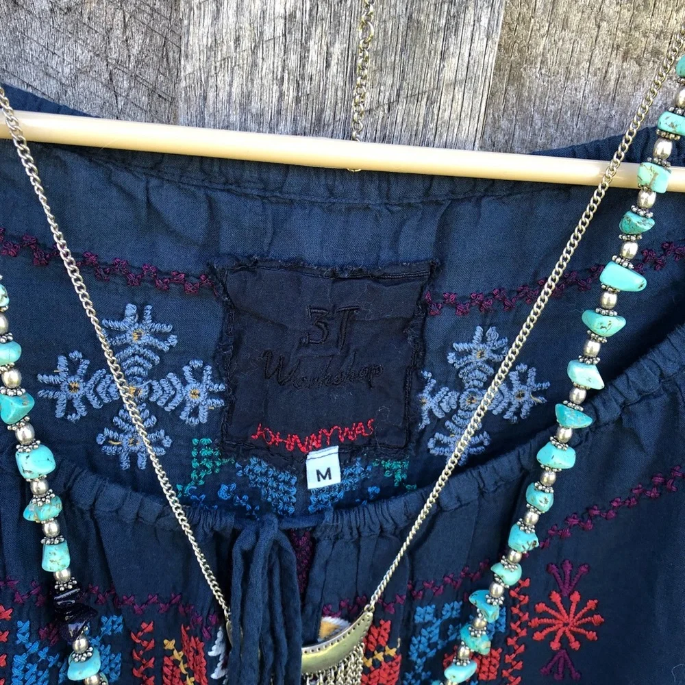 Johnny Was 3J Workshop Embroidered Bohemian Peasant Blouse Size Medium Blue - Picture 8 of 14